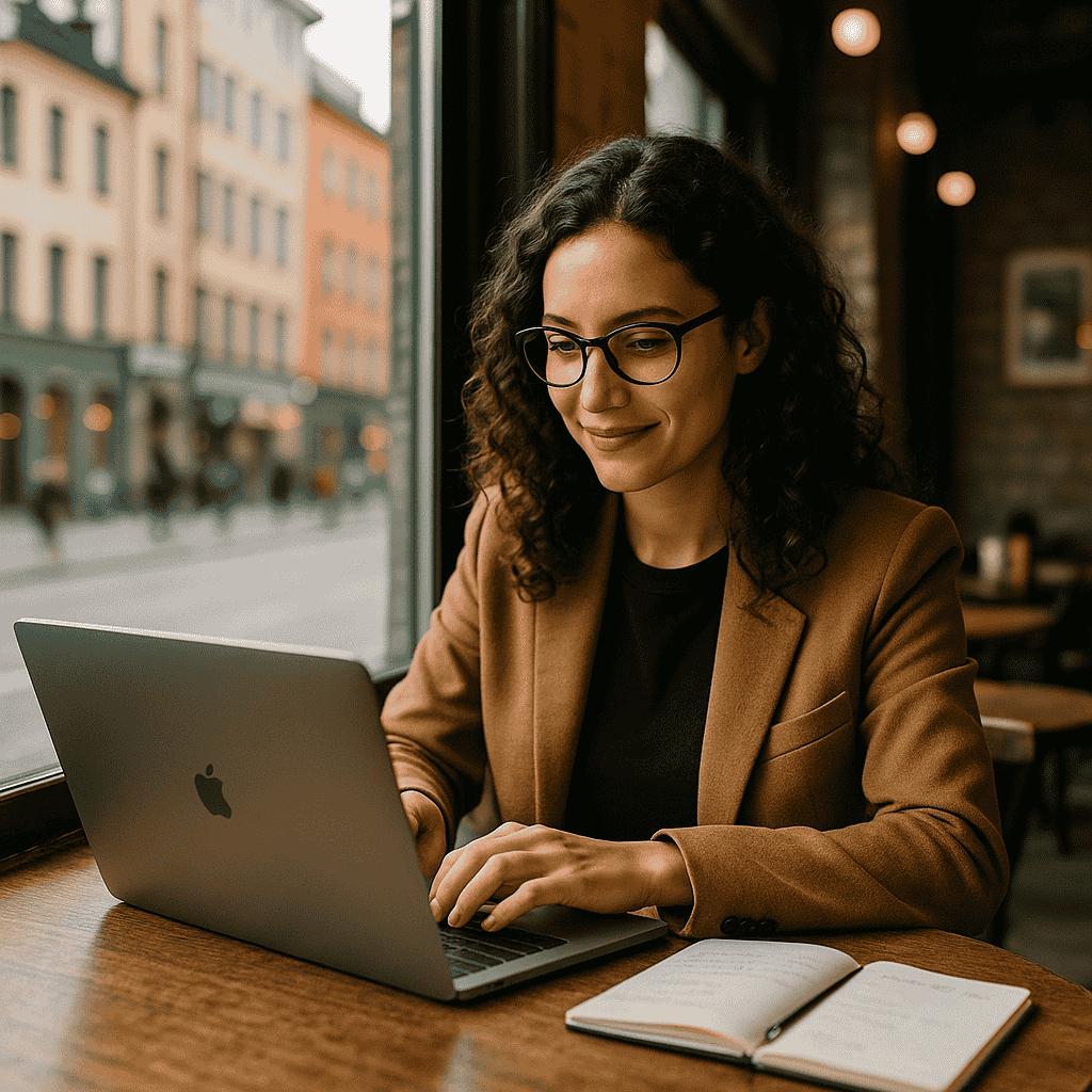 En kvinna jobbar som digital marknadsförare sitter på ett kafé i Stockholm